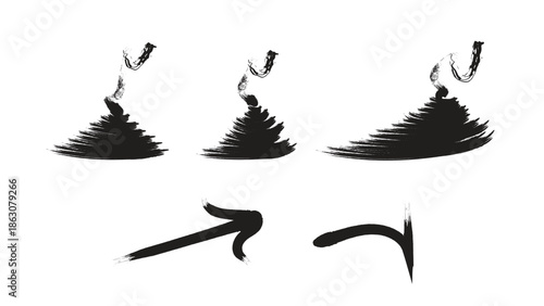 abstract brushstroke transformation symbols with dynamic curved motion arrows for visual storytelling and design evolution concepts in minimalist style isolated on white background