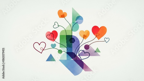 Abstract colorful hearts and geometric shapes a modern illustration representing love and connection perfect for graphic design and conceptual backgrounds