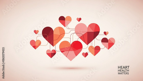 Collection of abstract geometric heart shapes connected with lines in a modern low poly style representing love health and relationships isolated on a soft background