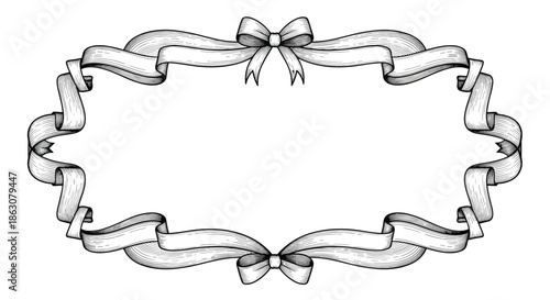 Detailed black and white engraving style oval frame composed of flowing ribbons and two decorative bows on top and bottom.