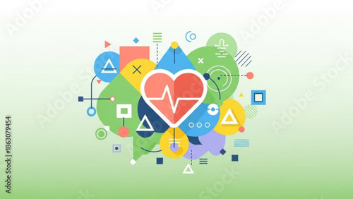 Abstract heart shape with electrocardiogram line surrounded by geometric shapes and medical symbols representing health and wellness concept vector illustration