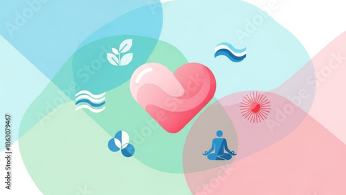 Abstract representation of holistic wellness with a central heart icon surrounded by symbols for nature water and meditation ideal for health and lifestyle concepts