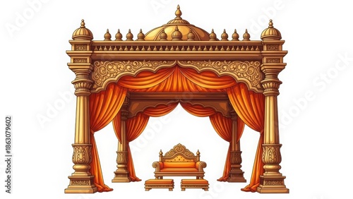 Ornate Golden Mandap with Orange Drapes and Throne wedding indian wedding