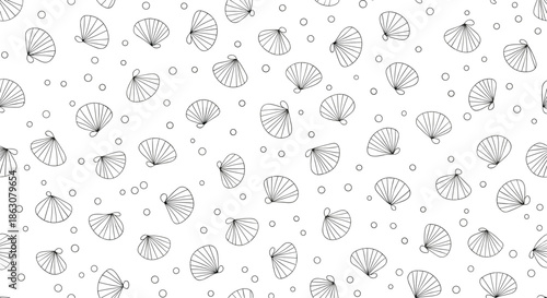 Minimalist seamless pattern with black line drawings of seashells and small circles scattered across a white background for a clean marine look.