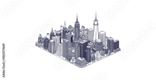Detailed New York City Isometric Skyline Line Art Vector Illustration Blueprint Style