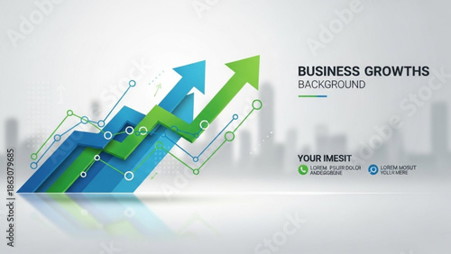 Abstract 3D business growth chart with upward arrows and connecting lines representing financial success and economic progress on a blurred city background