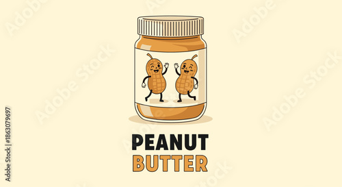 Whimsical illustration of two anthropomorphic peanuts inside a peanut butter jar on a cream background with large bold text for food branding.