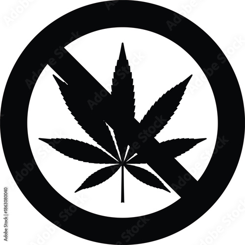 Black prohibition sign with cannabis leaf symbol marijuana