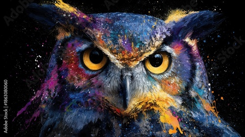 Vibrant Splatter Paint Owl Portrait Against Black Background