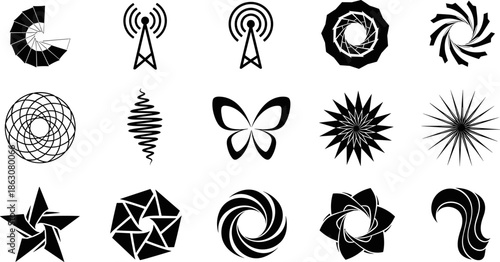 Abstract vector design set, black and white icons, geometric and organic shapes, spiral and wave motifs, graphic elements, decorative symbols, grid layout