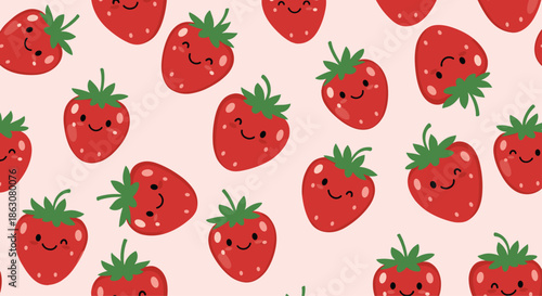 Seamless pattern of cute cartoon strawberries with happy faces on a light pink background, perfect for fun and sweet food themed designs.