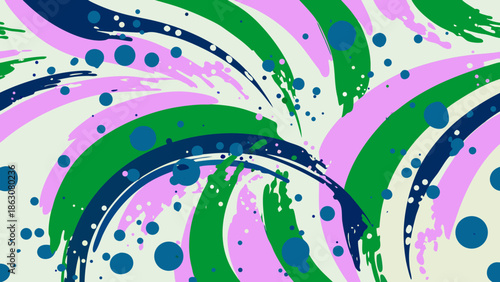 Abstract swirl pattern featuring green pink and blue brushstrokes and dots