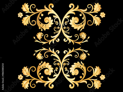 Elegant golden baroque design with symmetrical floral and leaf ornamentation