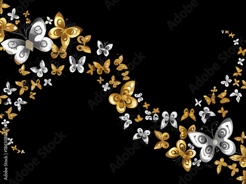 A swirling pattern of golden and silver butterflies against a dark background