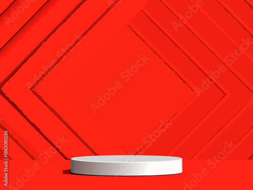 Minimalist red geometric background with a white cylindrical platform for display