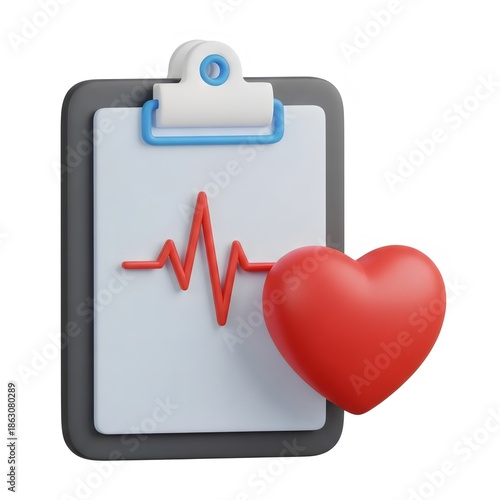 3D render of a medical clipboard with a heartbeat line and a red heart, symbolizing healthcare, cardiology, and wellness.
