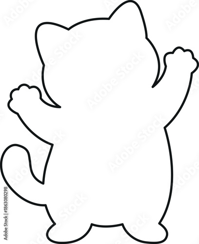A simple black outline of a cute kitten raising its paw