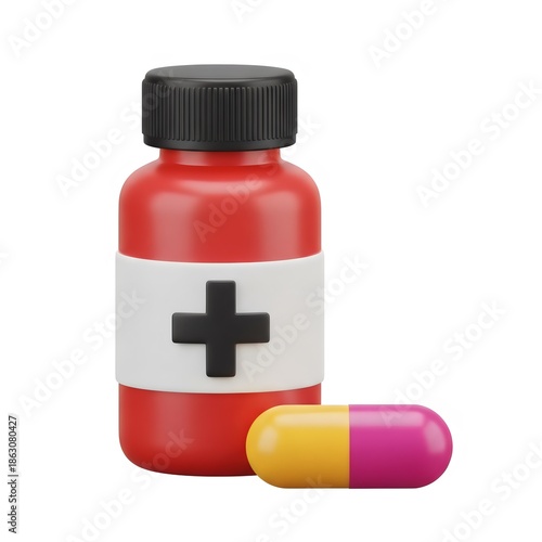 3D Render of Medicine Bottle with Cross Label and Bicolor Capsule
