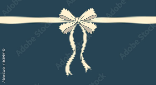 Cream colored ribbon tied into a graceful bow with long flowing ends, set against a dark teal background for a high contrast aesthetic look.