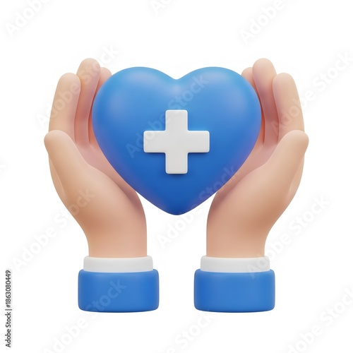 3D render of hands holding a blue heart with a medical cross, symbolizing healthcare, protection, and well-being.