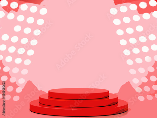 A vibrant pink stage backdrop with spotlights and a red podium