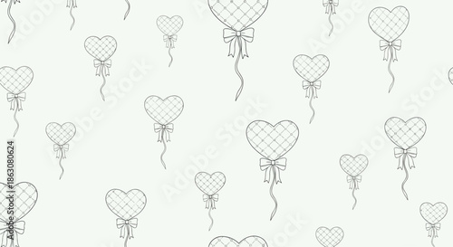 Simple seamless pattern of sketched heart shaped balloons with bows and strings on a light grey background for a classic celebratory feel.