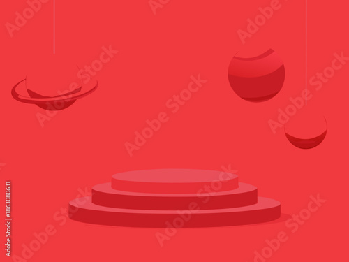 Minimalist red stage with planets and crescent moons product presentation backdrop