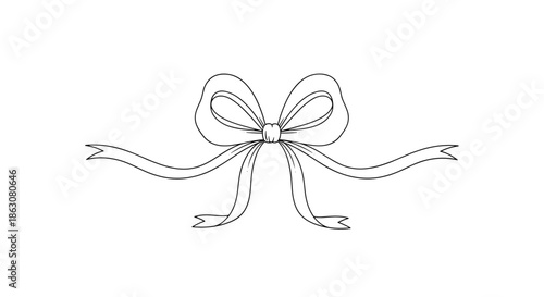Elegant black and white line art illustration of a thin ribbon tied into a dainty bow with long wavy ends on a white background for invitations.