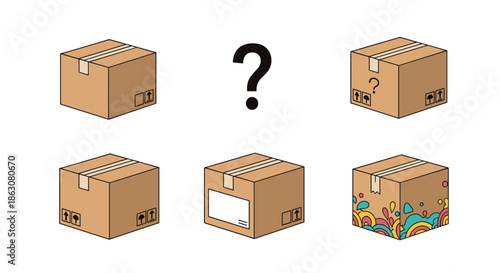 Logical puzzle image featuring several brown cardboard boxes with different symbols and a large question mark in the center for brain games.