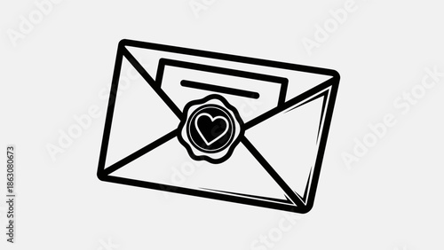 Black and white line art illustration of an open envelope with a heart-sealed letter inside, symbolizing love and communication.