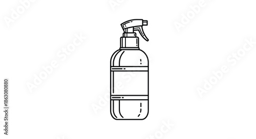 Minimalist black and white line art illustration of a cleaning spray bottle or trigger sprayer isolated on white.