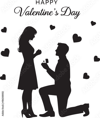 Happy Valentine's Day Silhouette, Man Proposing to Woman with Engagement Ring and Hearts