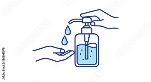 Detailed blue line art illustration showing hands using a liquid soap dispenser with floating water droplets nearby.