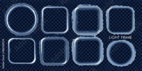 Collection of various silver and blue frame shapes on transparent background