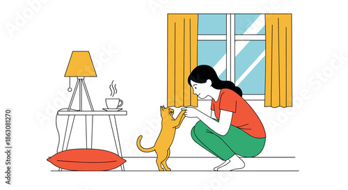 Young woman crouching and playing with her orange cat in a room with yellow curtains and desk lamp flat vector illustration.