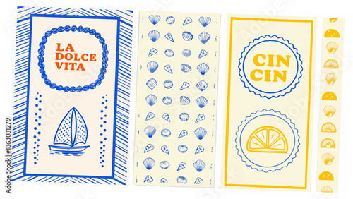 Illustrative card set with italian phrases shells sailboats and citrus designs