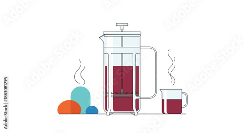 Modern illustration of a glass french press coffee maker next to a steaming mug and abstract organic shapes on a white background.