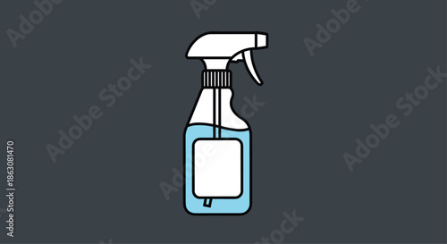 Simple blue cleaning spray bottle with a white trigger and blank label isolated on a dark gray background for janitorial use.