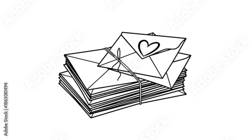 Stack of love letters tied with string, with a heart drawn on the top envelope, symbolizing communication and affection.