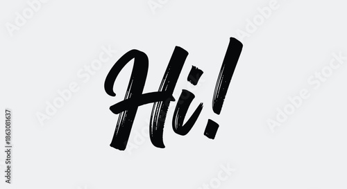 Minimalist hand drawn hi exclamation mark design in black ink on a light gray background communicates a friendly greeting.