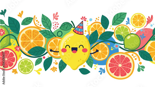 Colorful Citrus Festival Illustration with Happy Lemon Character and Fresh Fruit Pattern