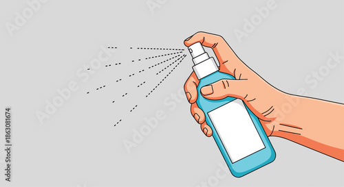 Illustration of a hand holding and using a blue spray bottle to dispense a mist against a light gray background.