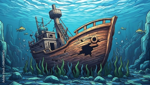 Underwater Scene with Sunken Wooden Shipwreck.
