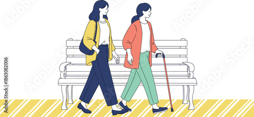 Young woman walking with an elderly woman using a walking cane past a park bench flat vector illustration isolated on white background.