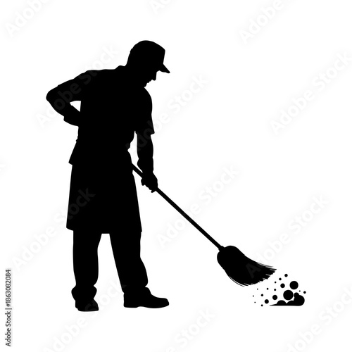 silhouette of a janitor sweeping against a white background
