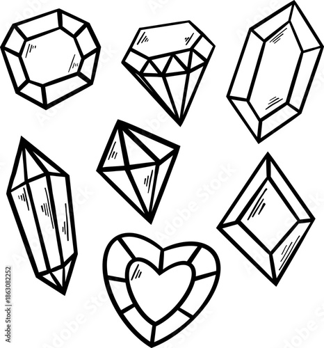 Doodle Gem and Diamond Set. Diamond Shape Collection. Crystal, quartz, jewelry precious stones.