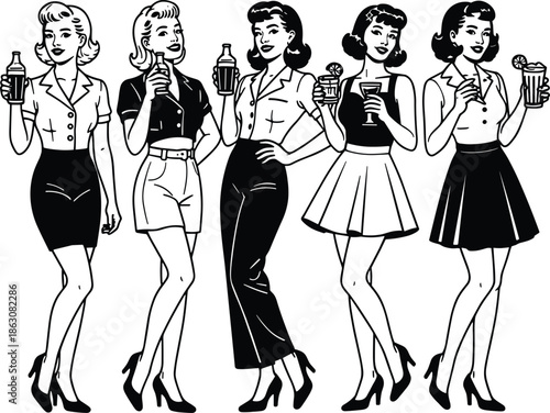 Five women in retro style holding drinks cocktails