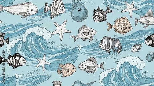 Underwater Scene with Cartoon Fish and Sea Creatures.