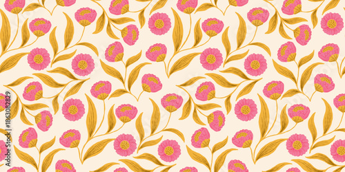 Daisy Flower Seamless Pattern. Pink and Gold Floral Illustration for fabric, textiles, wrapping paper, cover, banner, home decor, and abstract backgrounds.