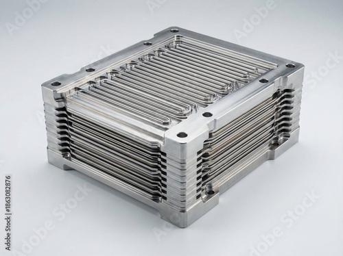 Stack of CNC machined bipolar plates with flow fields for a hydrogen fuel cell.